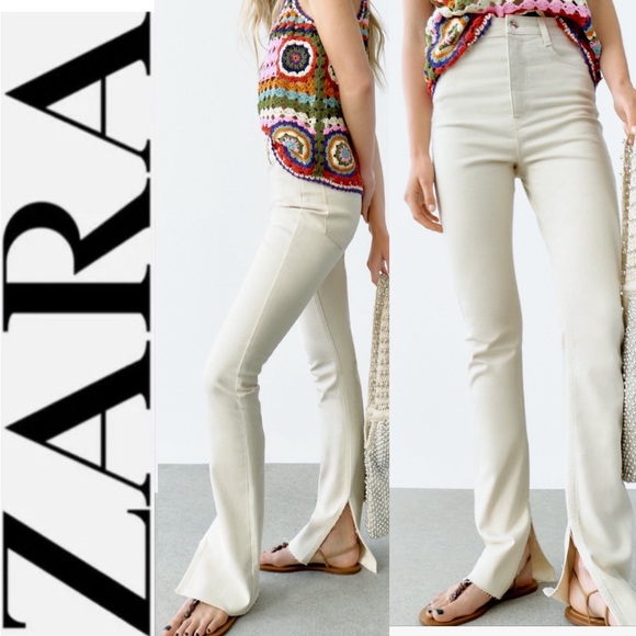 Zara Pants & Jumpsuits Nwt Zara Beige Cream Slim Flare Hi Rise